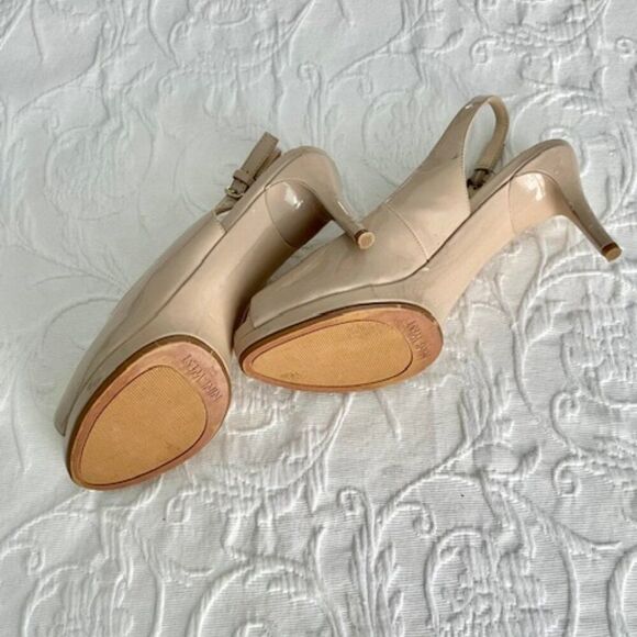 Nine West Nude Tan Patent Leather Platform Open Toe Slingback Heels Pumps 8M - Picture 4 of 6